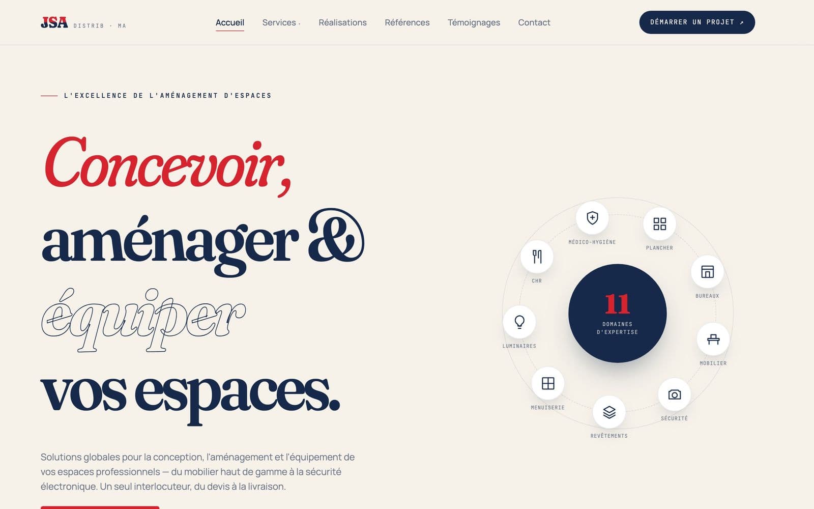 Site web créé par notre agence web à Marrakech pour JSA Distrib, secteur aménagement