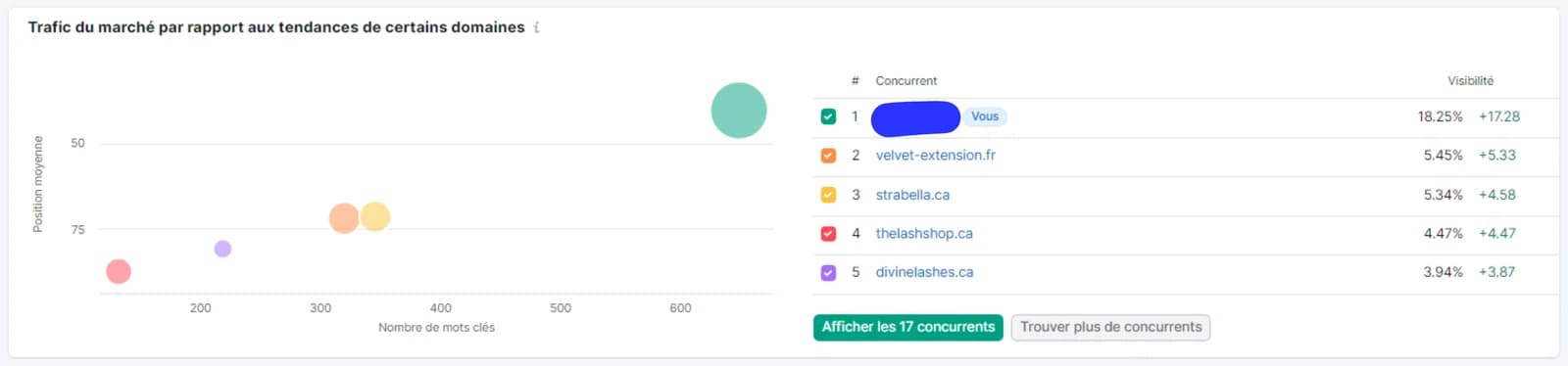 Position dans la niche : le site largement en tête en visibilité, devant ses concurrents