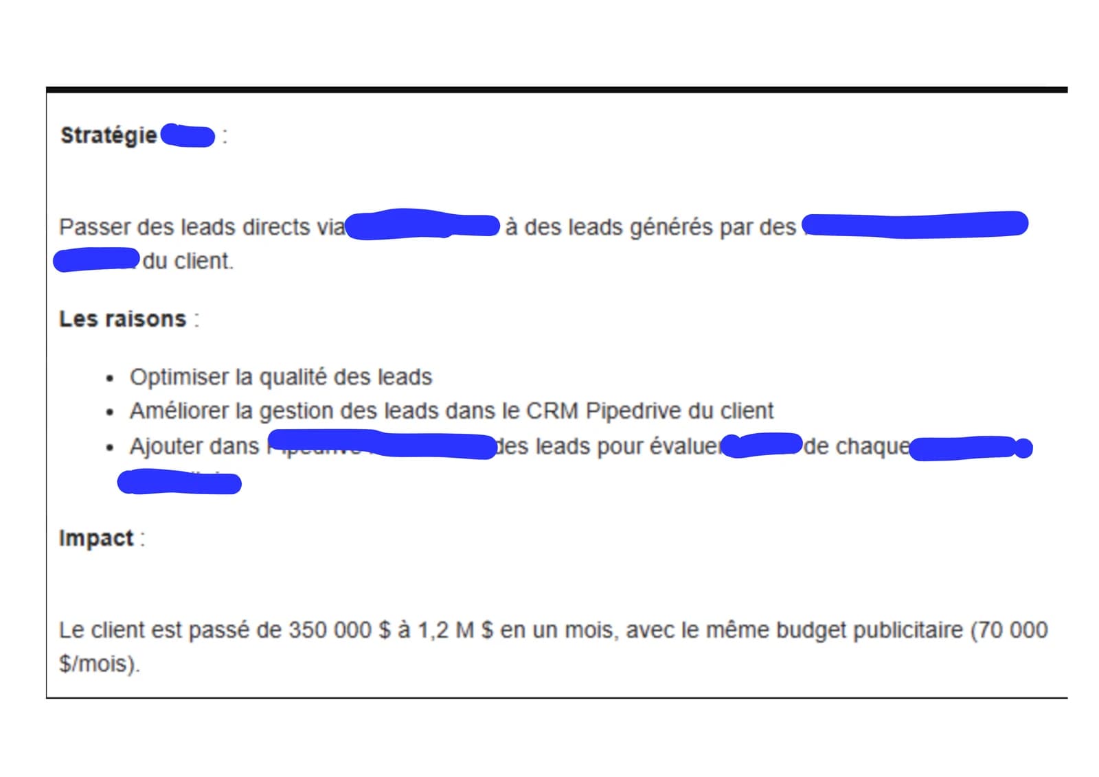 Synthèse de stratégie et d'impact : passage de 350 000 $ à 1,2 M$ de chiffre d'affaires à budget publicitaire identique (informations client masquées)
