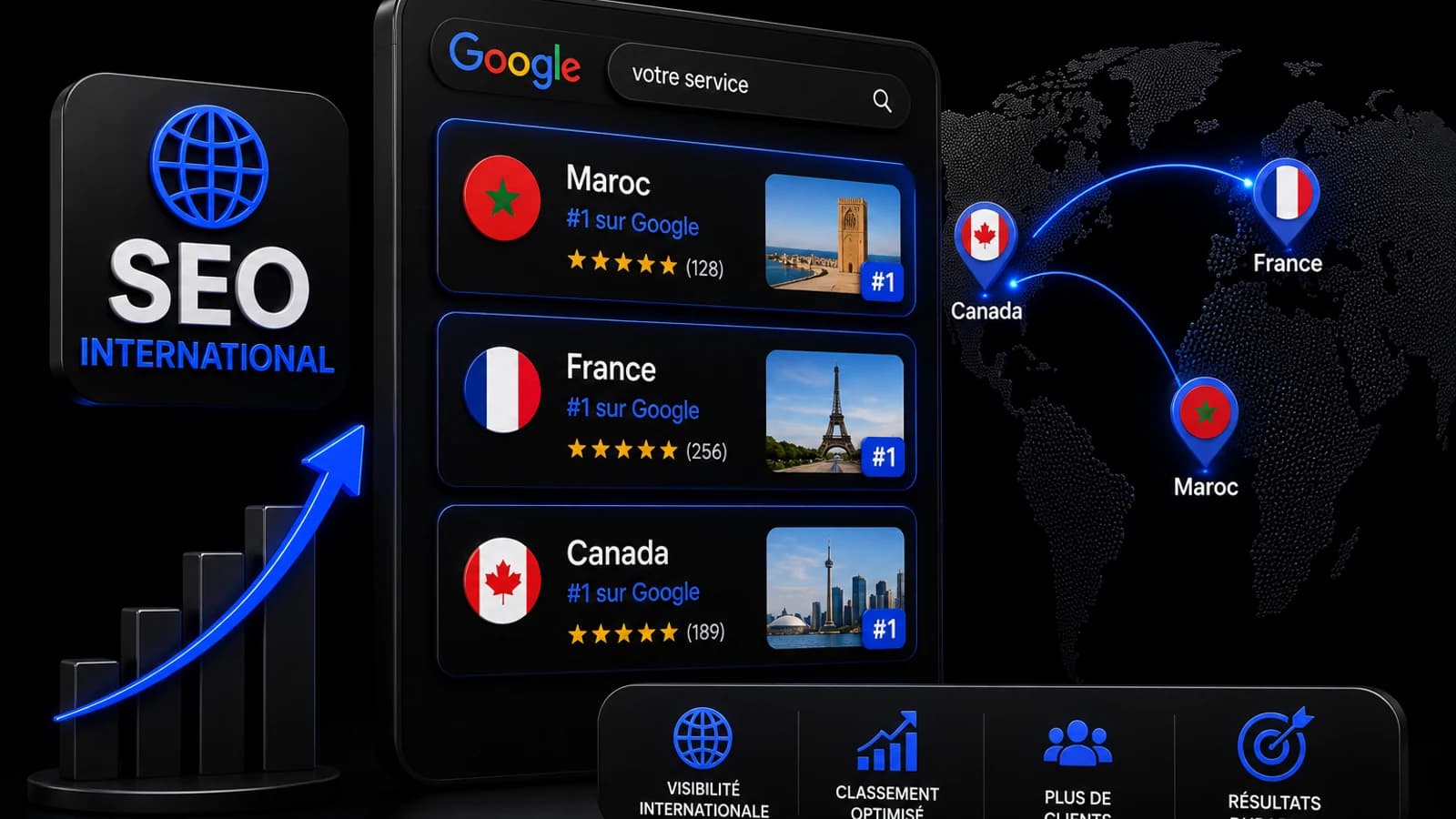 SEO international WeStratèges : référencement localisé pour le Maroc, la France et le Canada, avec hreflang et contenus adaptés à chaque marché