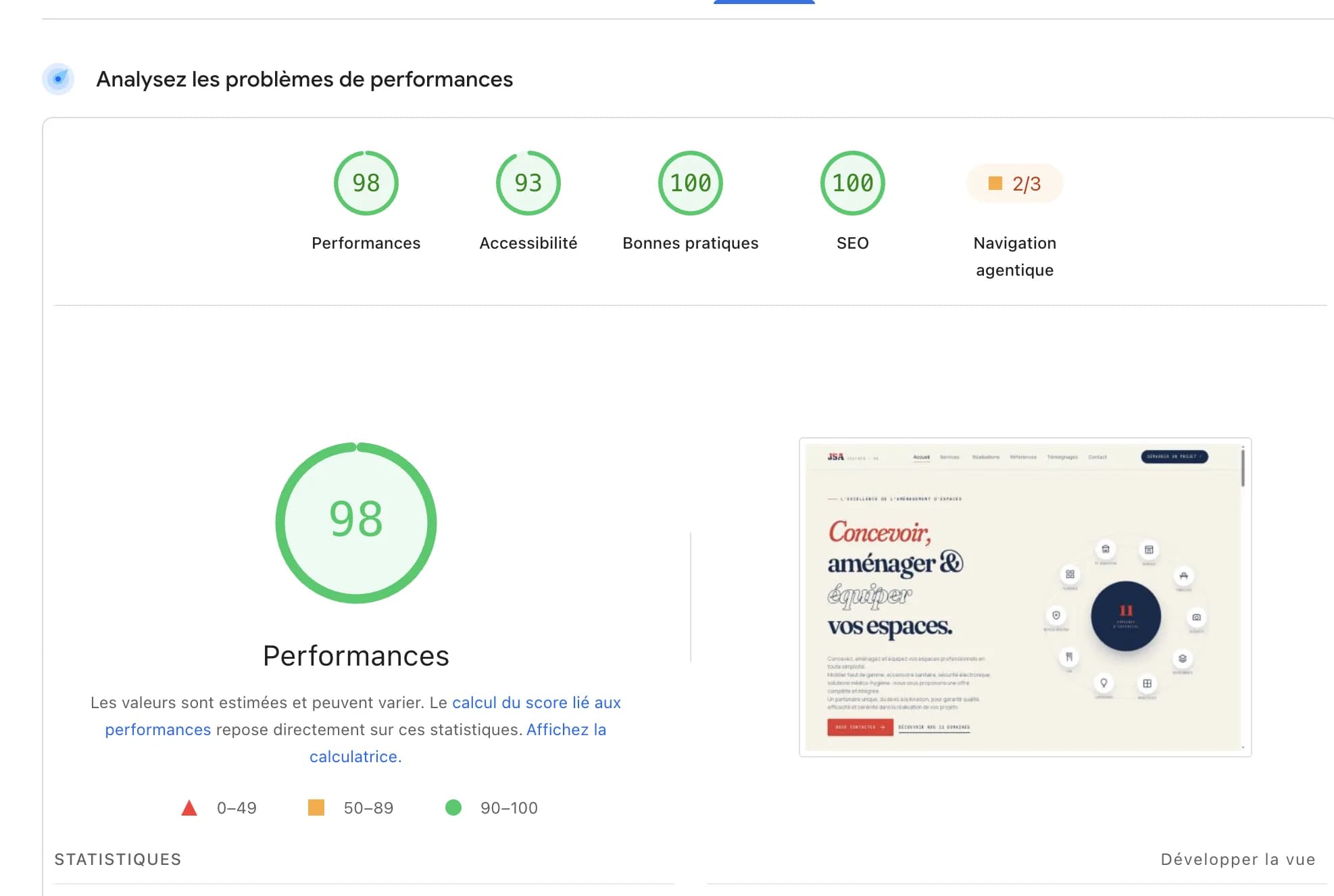 JSA Distrib : performances 98, accessibilité 93, bonnes pratiques 100, SEO 100