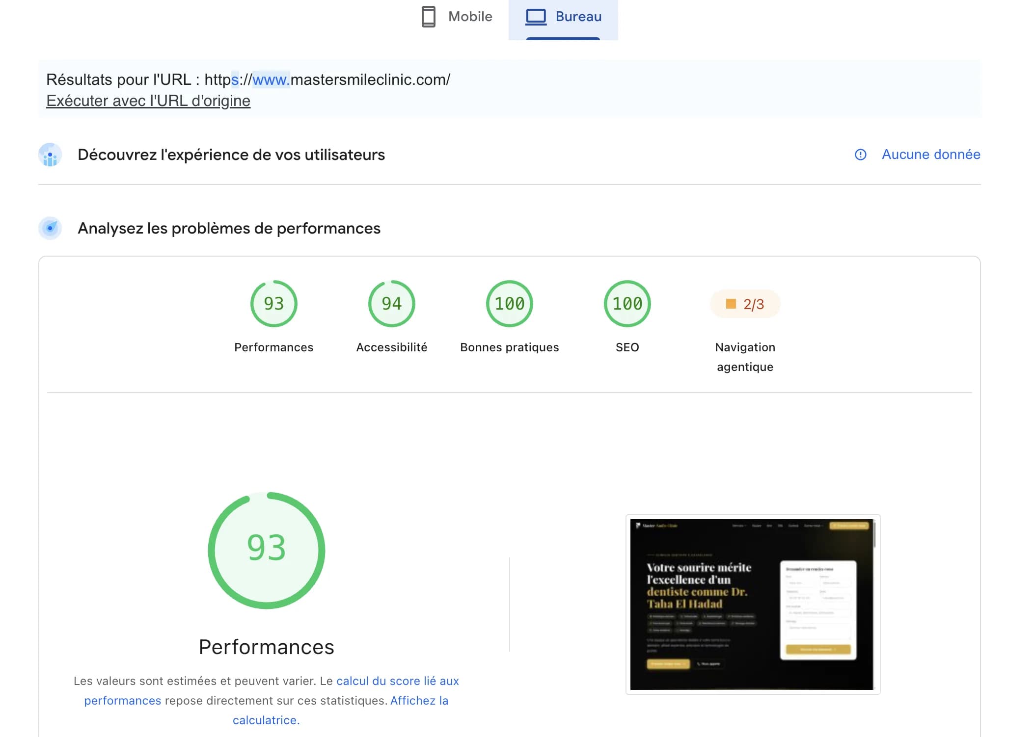 Master Smile Clinic : performances 93, accessibilité 94, bonnes pratiques 100, SEO 100