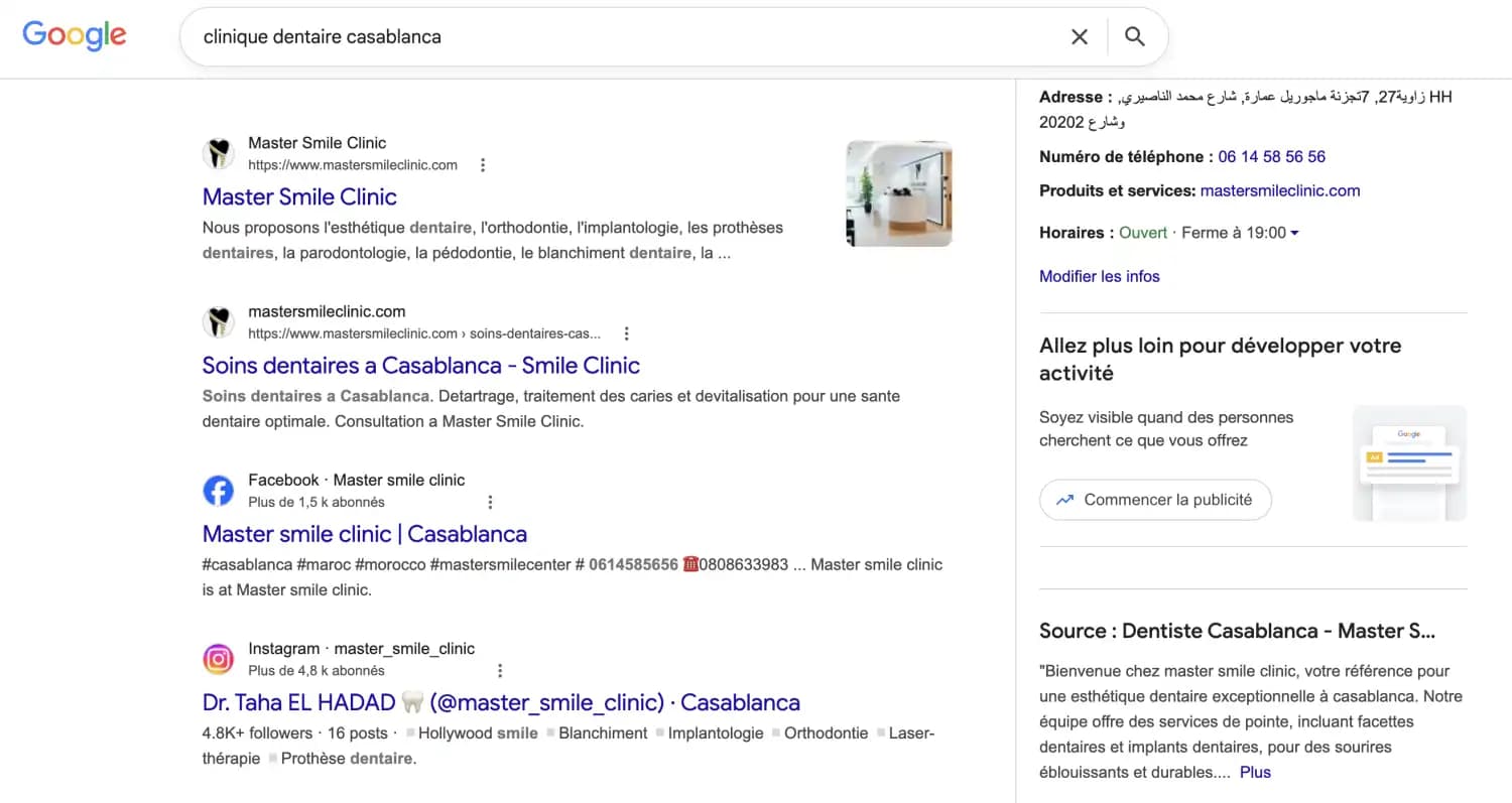 Master Smile Clinic en tête sur Google pour « clinique dentaire casablanca » avec fiche Google