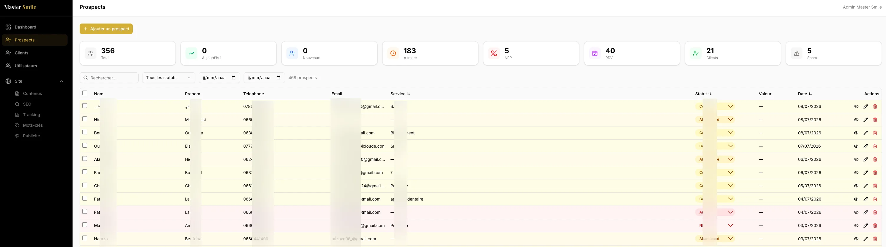 Tableau de bord Master Smile Clinic : gestion des demandes patients dans le back-office